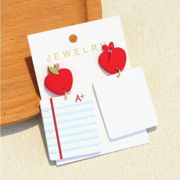 Apple Shaped Book & Notebook Printed Ceramic Texture Acrylic Earrings - Picture 3 of 7